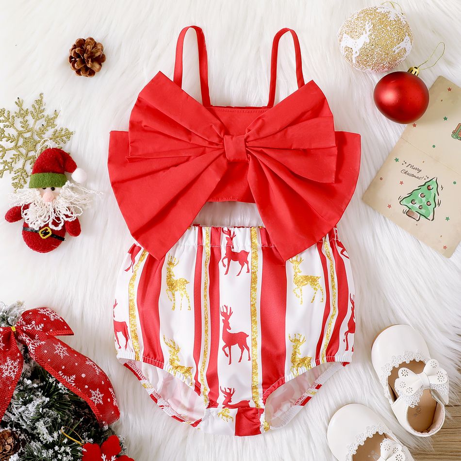 Christmas 2pcs Baby Girl 100% Cotton Red Bow Front Shirred Camisole and Allover Deer Print Striped Shorts Set Red