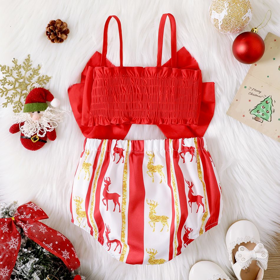 Christmas 2pcs Baby Girl 100% Cotton Red Bow Front Shirred Camisole and Allover Deer Print Striped Shorts Set Red big image 2