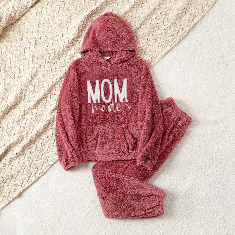 Mommy and Me Letter Embroidered Long-sleeve Thermal Fuzzy Hoodies and Pants Sets Dark Pink big image 2