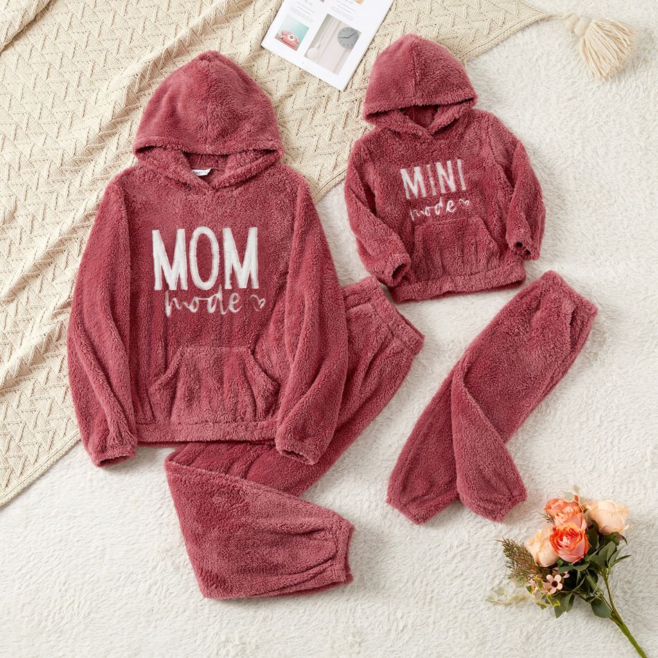 Mommy and Me Letter Embroidered Long-sleeve Thermal Fuzzy Hoodies and Pants Sets Dark Pink big image 1