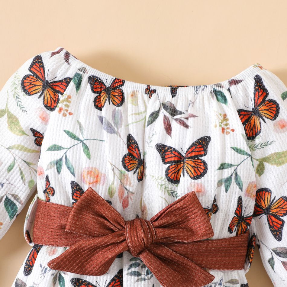 Baby Girl Allover Butterfly Print Off Shoulder Long-sleeve Belted Jumpsuit ColorBlock big image 3