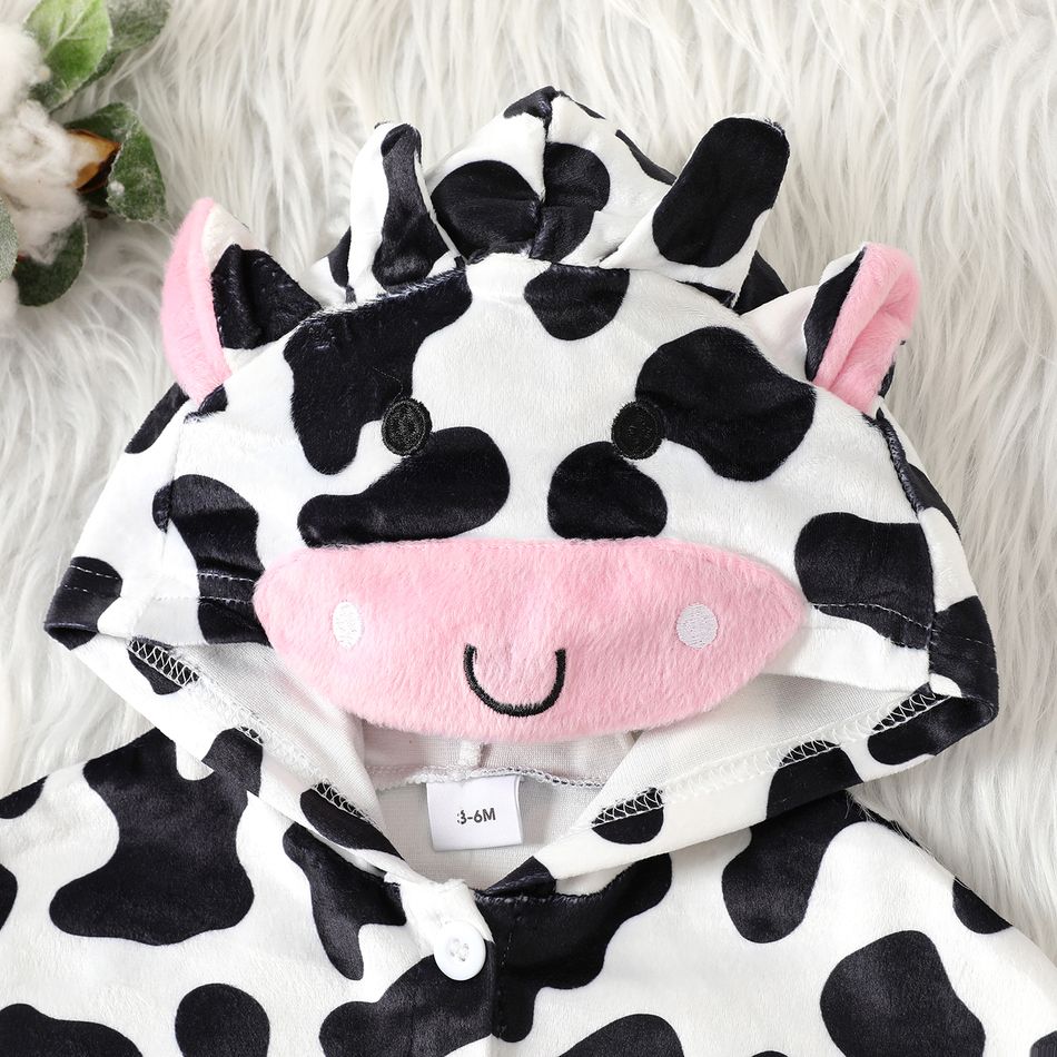 Baby Girl Ears Hooded Button Front Allover Cow Print Fleece Cloak BlackandWhite big image 5