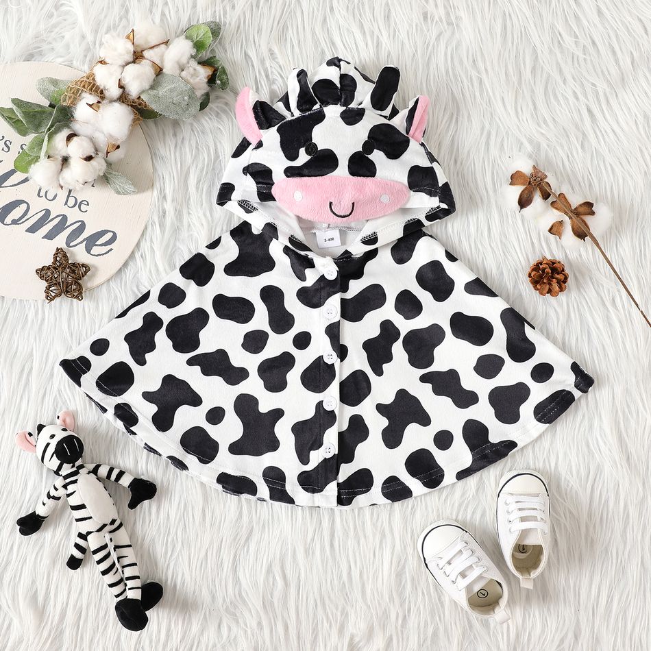 Baby Girl Ears Hooded Button Front Allover Cow Print Fleece Cloak BlackandWhite