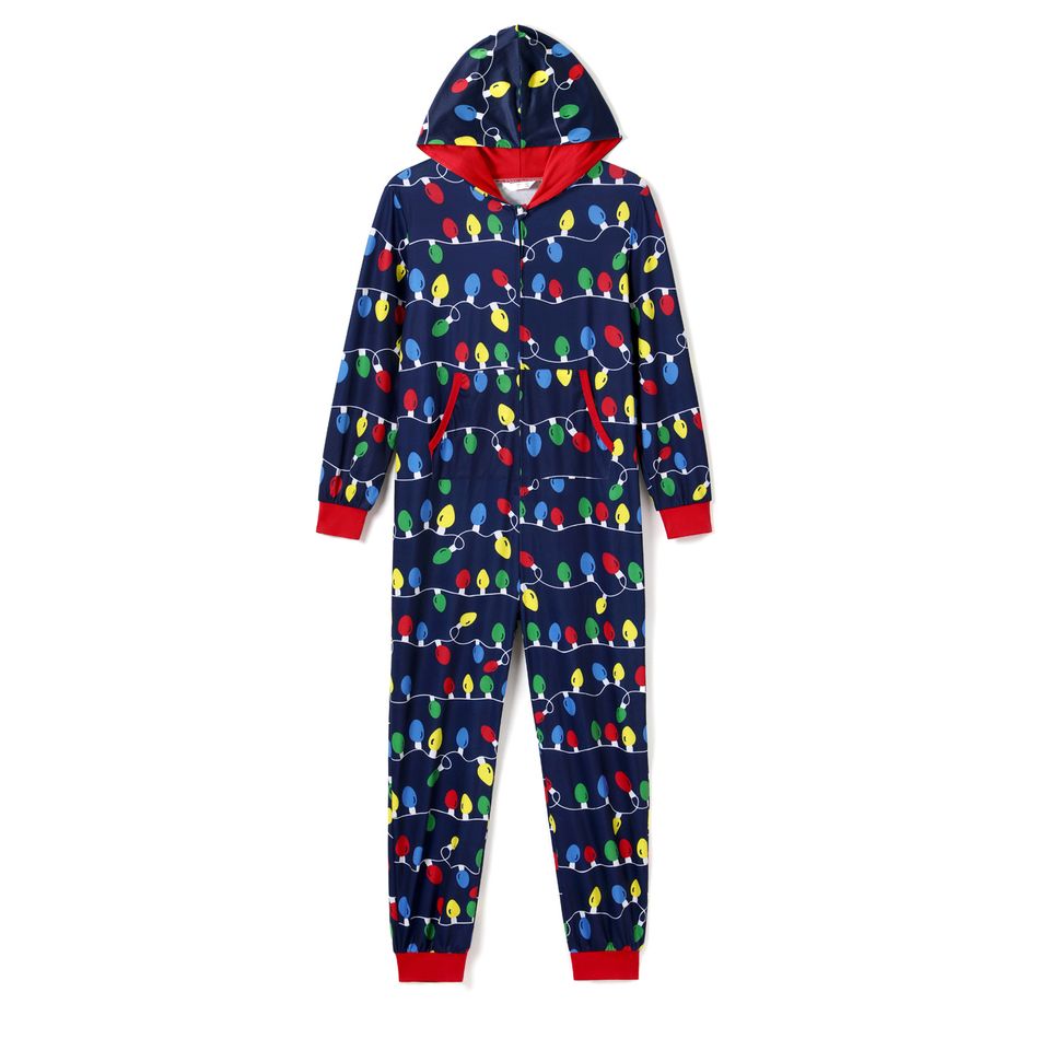 Christmas Family Matching Allover Colorful String Lights Print Zipper Long-sleeve Hooded Onesies Pajamas (Flame Resistant) Multi-color big image 6