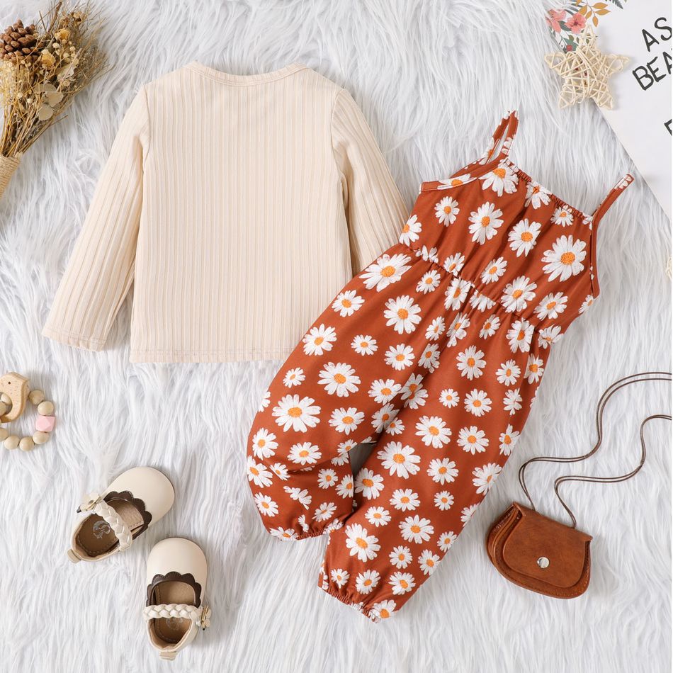 2pcs Baby Girl Solid Rib Knit Long-sleeve Top and Allover Daisy Floral Print Bow Front Cami Jumpsuit Set Brown big image 3
