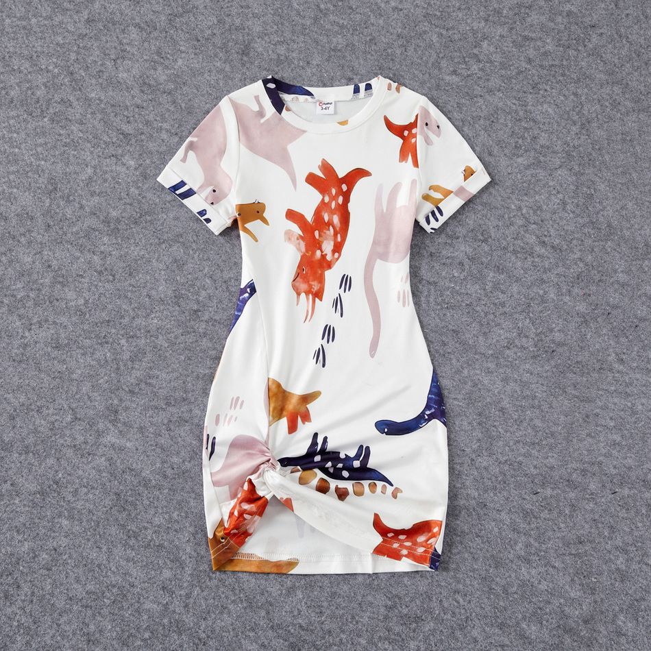 Family Matching Allover Dinosaur Print Twist Knot Bodycon Dresses and Short-sleeve T-shirts Sets White big image 5