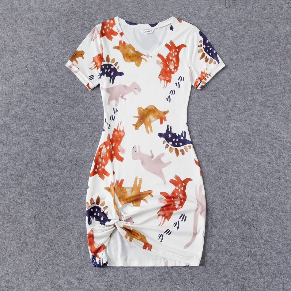 Family Matching Allover Dinosaur Print Twist Knot Bodycon Dresses and Short-sleeve T-shirts Sets White big image 2