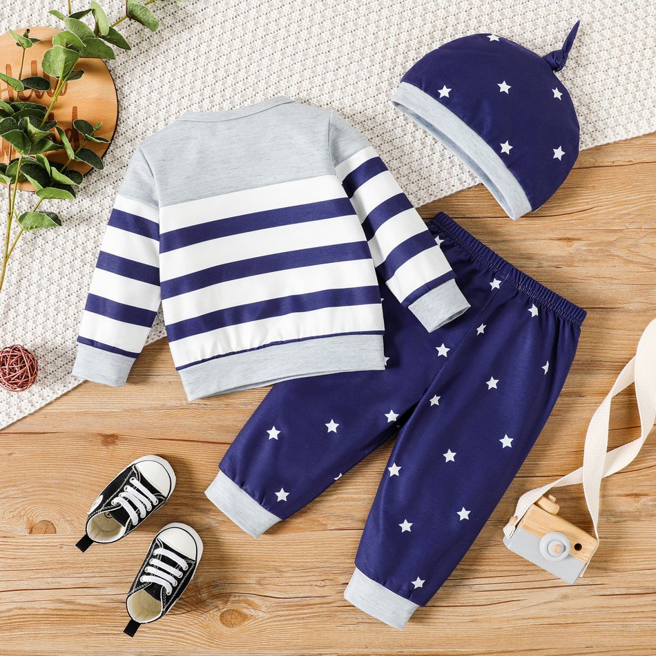 3pcs Baby Boy Long-sleeve Colorblock Striped Sweatshirt and Allover Stars Print Sweatpants with Hat Set ColorBlock big image 2