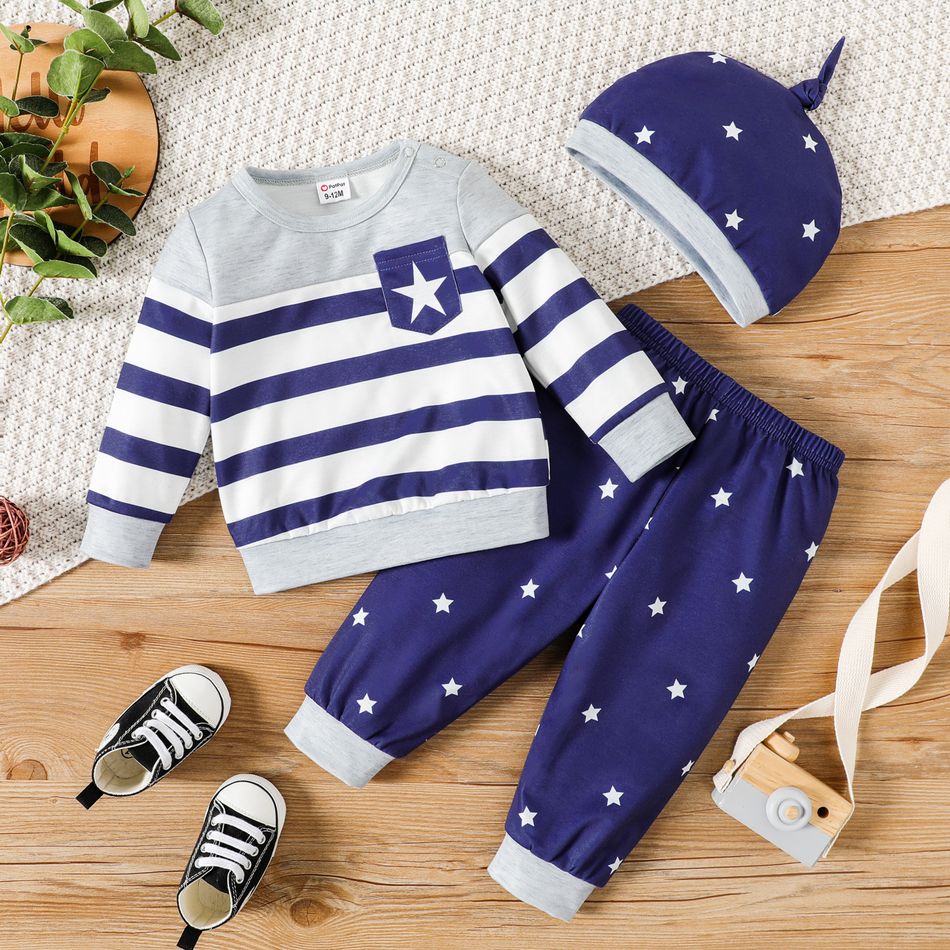 3pcs Baby Boy Long-sleeve Colorblock Striped Sweatshirt and Allover Stars Print Sweatpants with Hat Set ColorBlock