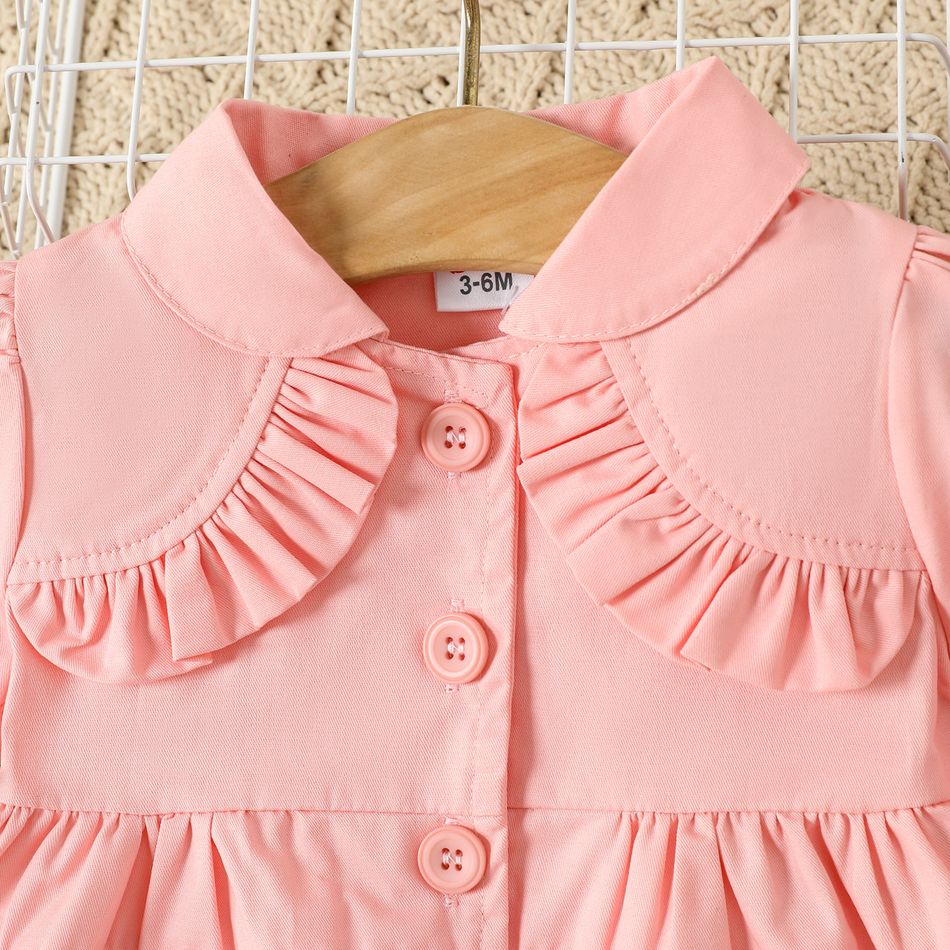 100% Cotton Baby Girl Lace Spliced Ruffle Trim Long-sleeve Single Breasted Coat Pink big image 3