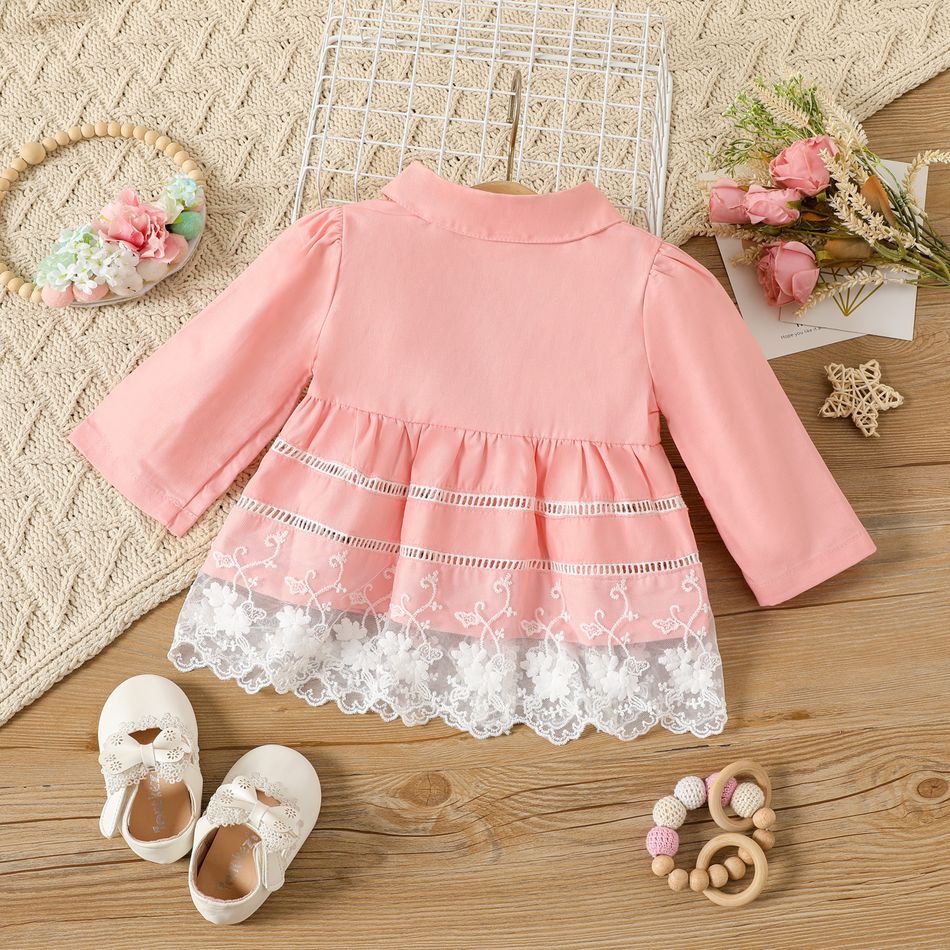 100% Cotton Baby Girl Lace Spliced Ruffle Trim Long-sleeve Single Breasted Coat Pink big image 2