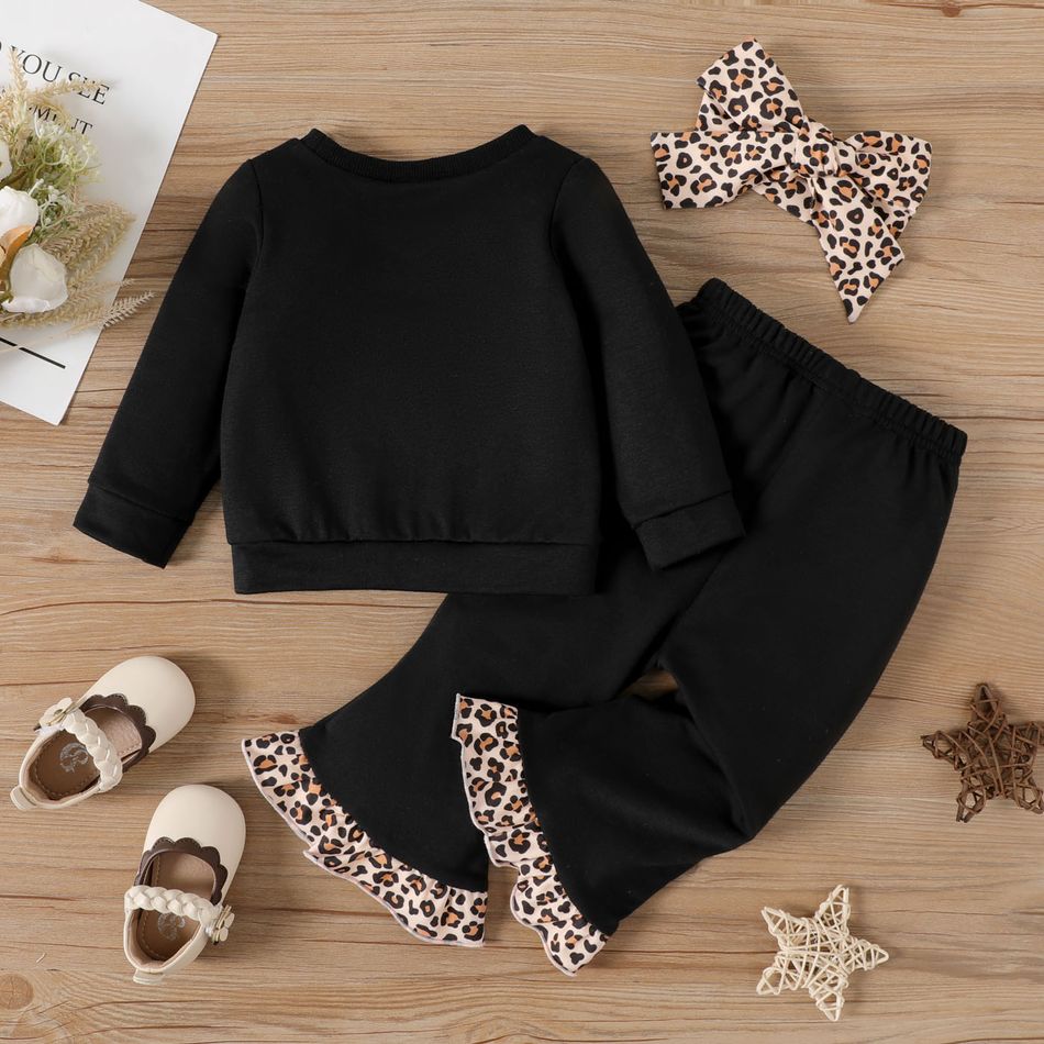 3pcs Baby Girl Leopard Print Bow Front Black Long-sleeve Sweatshirt and Flared Pants Set Black big image 2