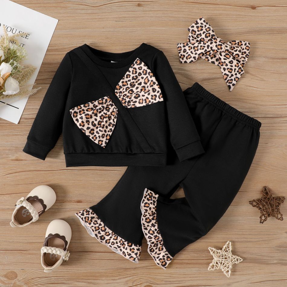 3pcs Baby Girl Leopard Print Bow Front Black Long-sleeve Sweatshirt and Flared Pants Set Black big image 1