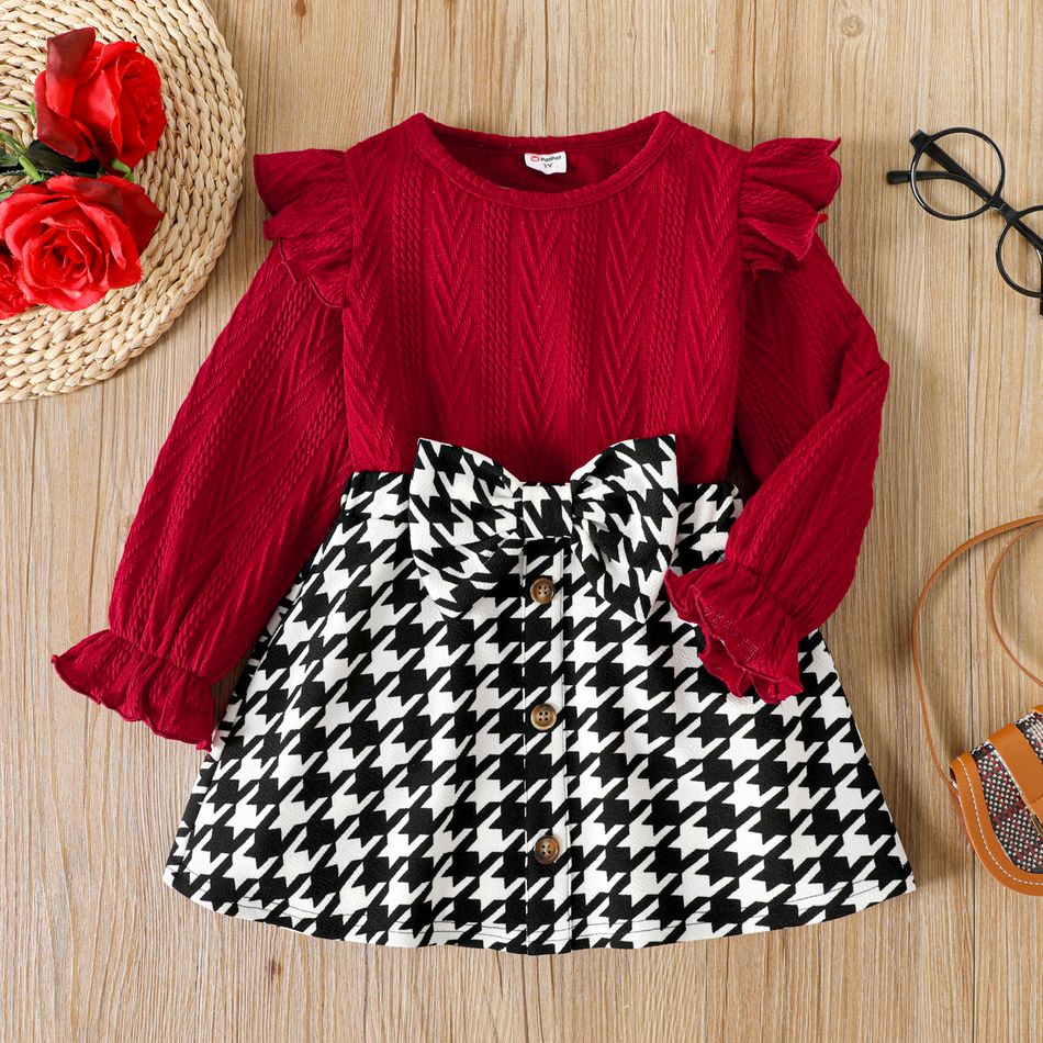 2pcs Toddler Girl Ruffled Textured Tee and Bowknot Design Houndstooth Skirt Set WineRed big image 1