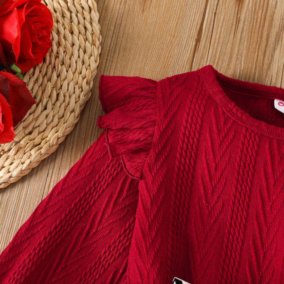 2pcs Toddler Girl Ruffled Textured Tee and Bowknot Design Houndstooth Skirt Set WineRed big image 4