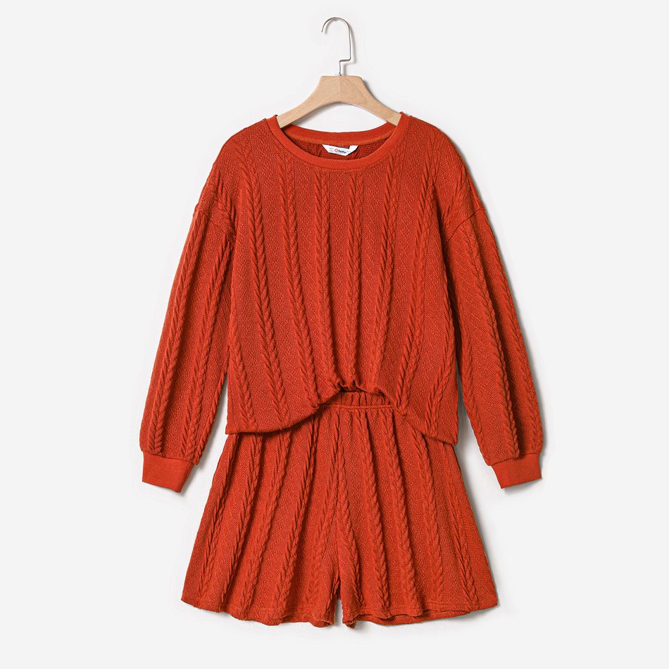 Mommy and Me Solid Cable Knit Textured Drop Shoulder Long-sleeve Pullover and Shorts Sets Reddishbrown big image 2