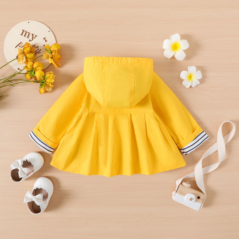 100% Cotton Baby Girl Striped Lining Yellow Double Breasted Long-sleeve Hooded Trench Coat Yellow big image 2