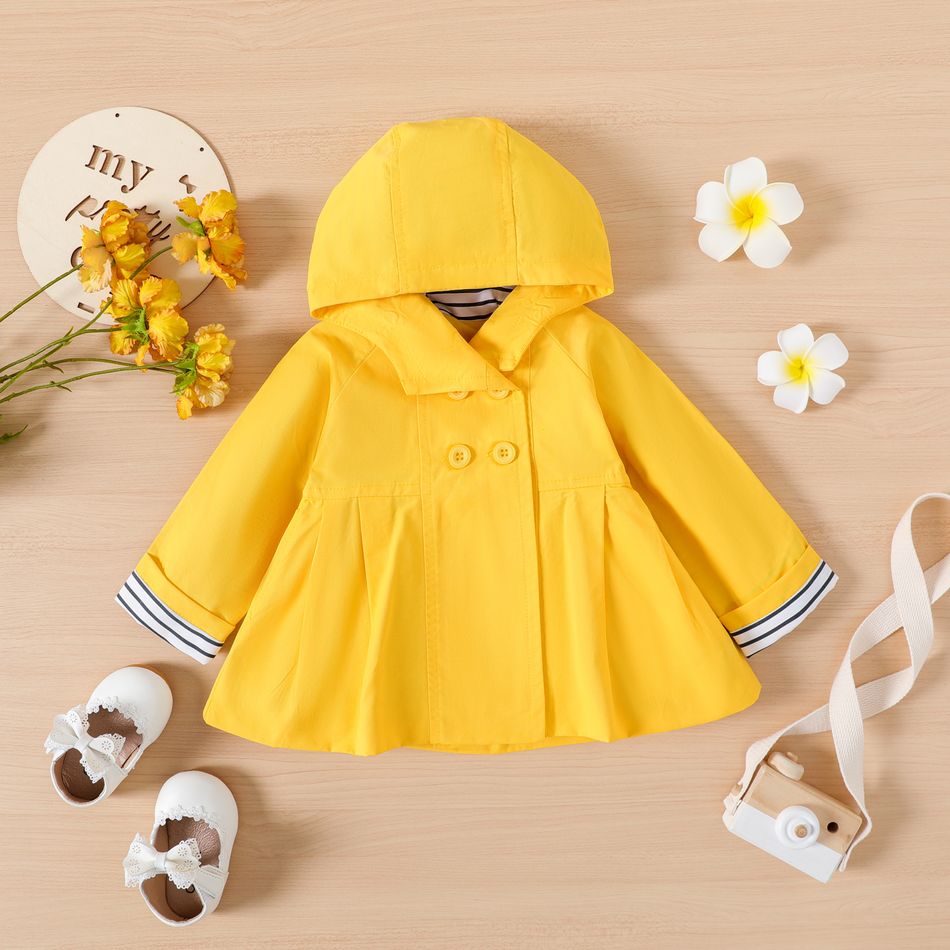 100% Cotton Baby Girl Striped Lining Yellow Double Breasted Long-sleeve Hooded Trench Coat Yellow