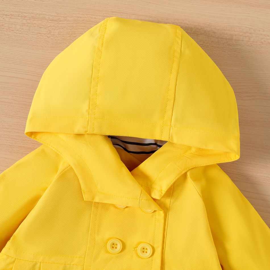 100% Cotton Baby Girl Striped Lining Yellow Double Breasted Long-sleeve Hooded Trench Coat Yellow big image 3