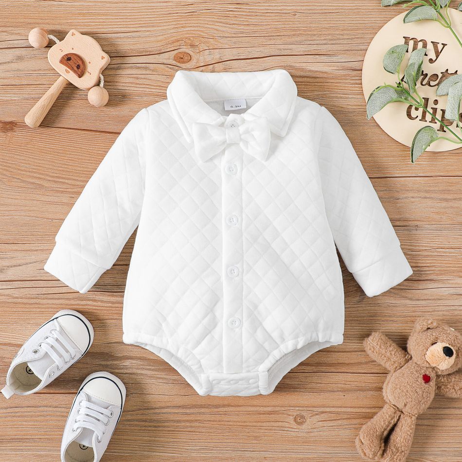 Baby Boy/Girl Bow Front Solid Thickened Quilted Long-sleeve Button Up Romper White big image 2