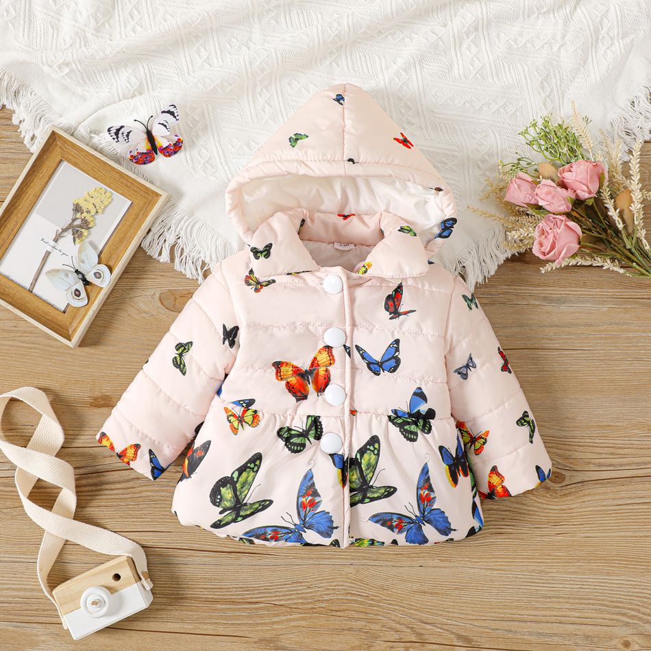 Baby Girl Allover Butterfly Print Thickened Thermal Lined Quilted Long-sleeve Hooded Coat Multi-color big image 1