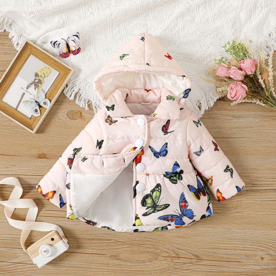 Baby Girl Allover Butterfly Print Thickened Thermal Lined Quilted Long-sleeve Hooded Coat Multi-color big image 2