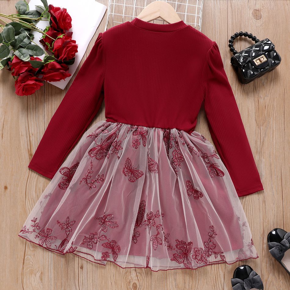 Kid Girl Butterfly Embroidered Mesh Splice Long-sleeve Dress Red big image 2