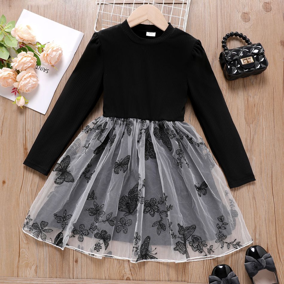 Kid Girl Valentine's Day Butterfly Embroidered Mesh Splice Long-sleeve Dress Black