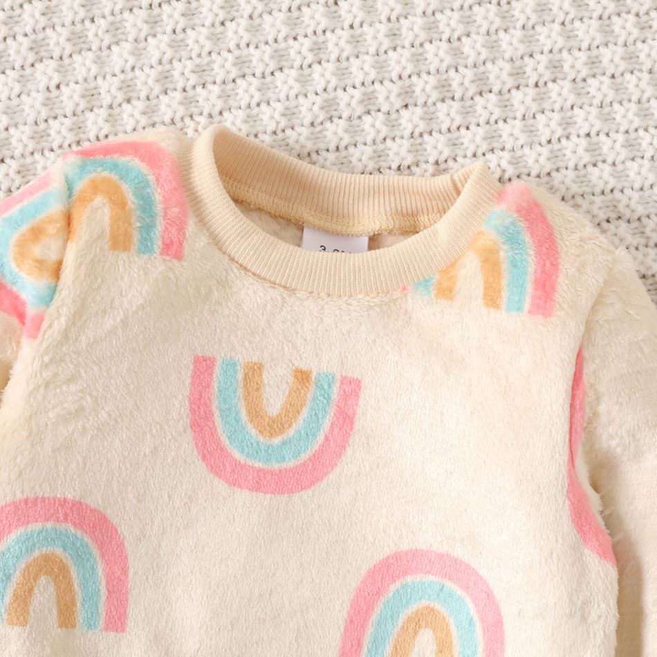Baby Boy/Girl Allover Rainbow Print Long-sleeve Fuzzy Sweatshirt Beige big image 3