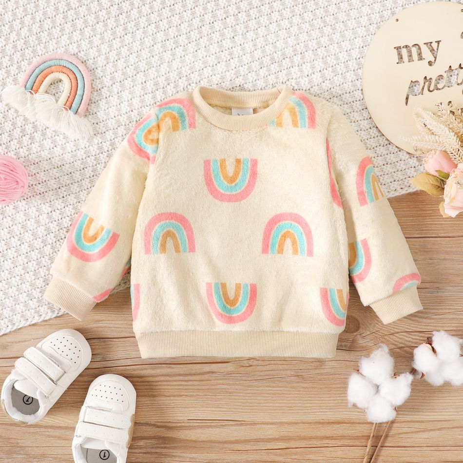 Baby Boy/Girl Allover Rainbow Print Long-sleeve Fuzzy Sweatshirt Beige big image 1