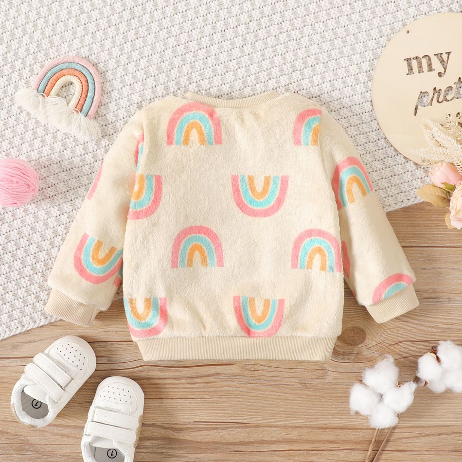 Baby Boy/Girl Allover Rainbow Print Long-sleeve Fuzzy Sweatshirt Beige big image 2