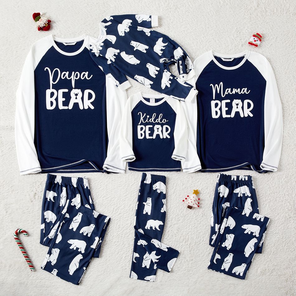 Christmas Family Matching Bear & Letter Print Raglan-sleeve Pajamas Sets (Flame Resistant) Tibetanblue big image 2