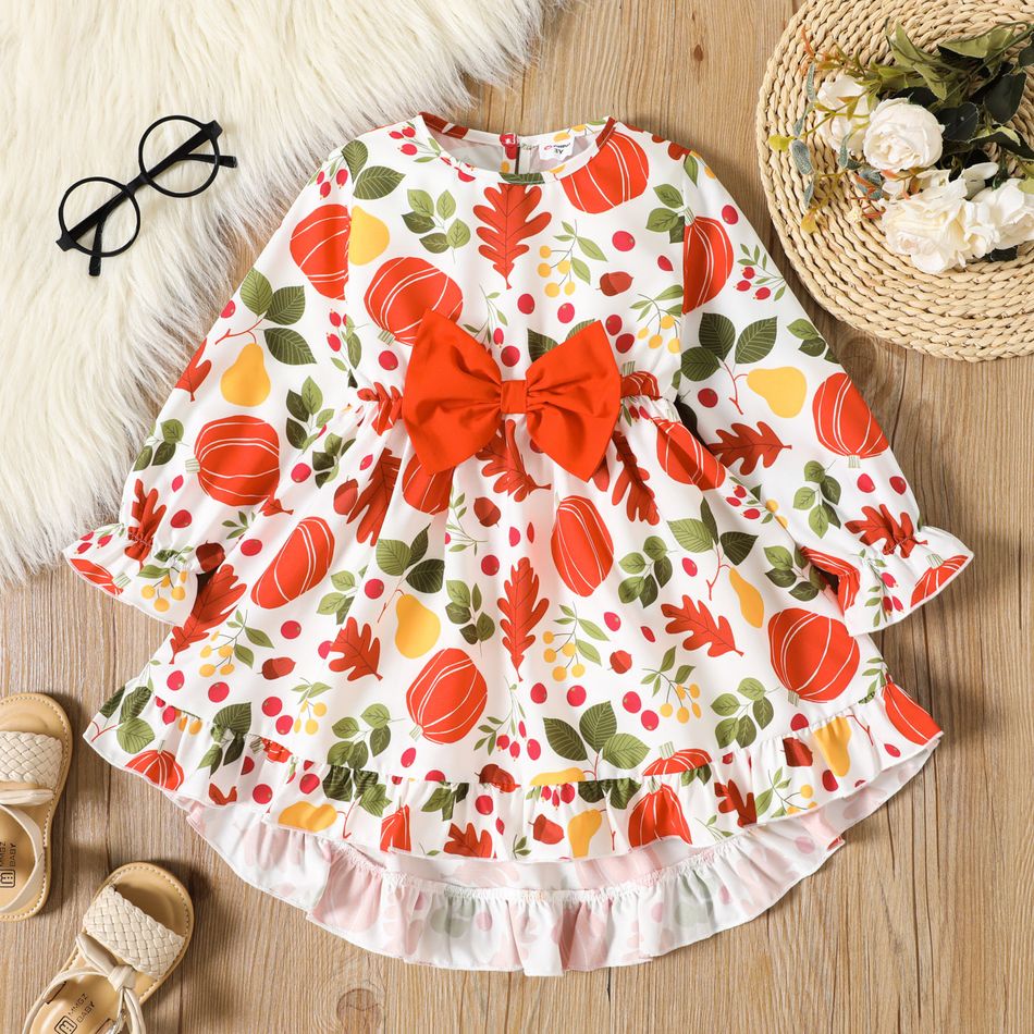 Toddler Girl Thanksgiving Pumpkin Graphic Bowknot Design Ruffled Long-sleeve Dress Colorful big image 1