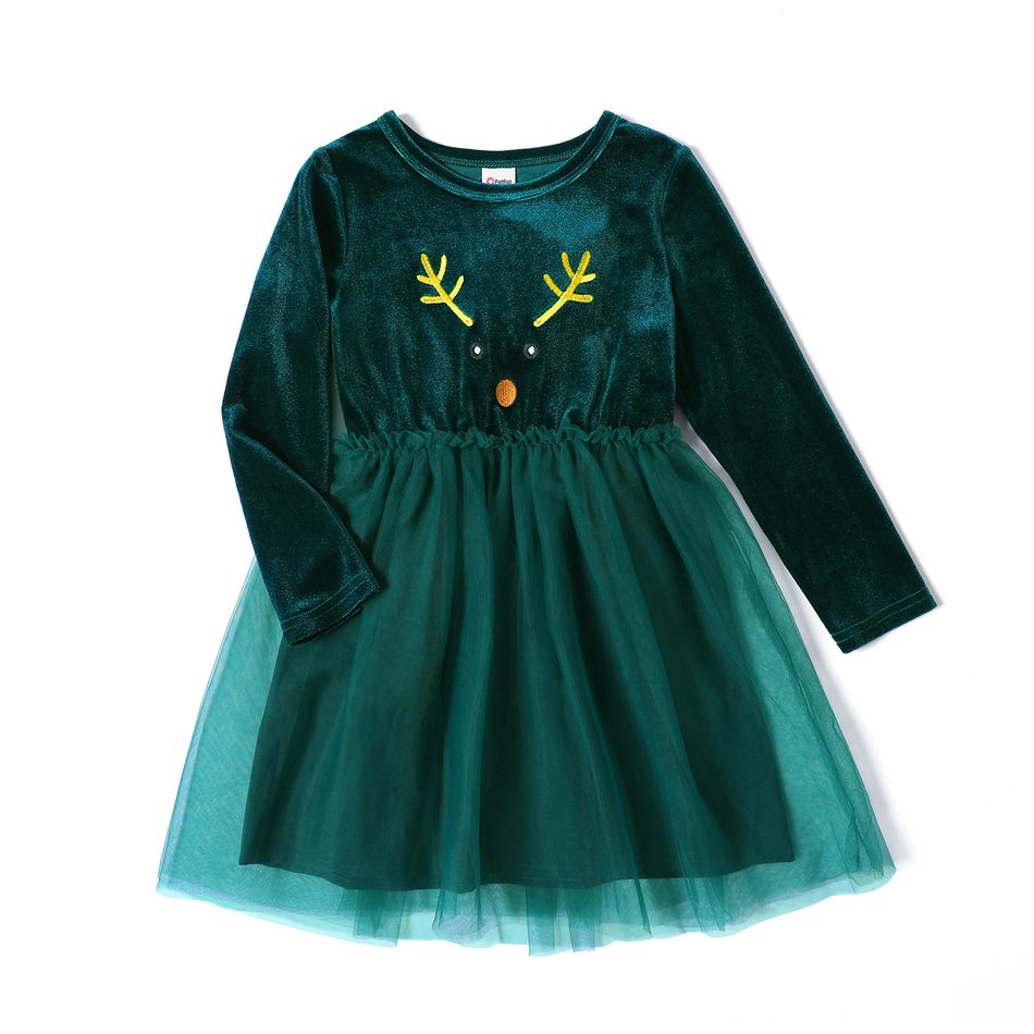 Christmas Sibling Matching Deer Embroidered Green Velvet Long-sleeve Spliced Mesh Dresses blackishgreen big image 2