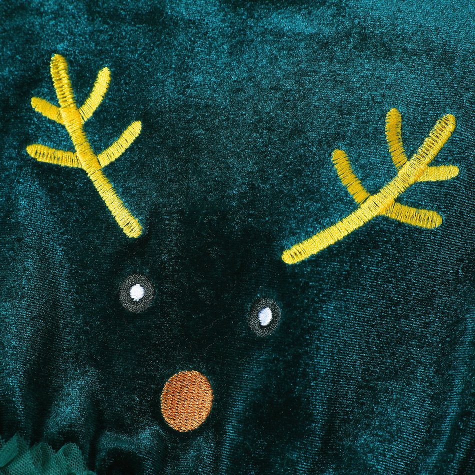 Christmas Sibling Matching Deer Embroidered Green Velvet Long-sleeve Spliced Mesh Dresses blackishgreen big image 5