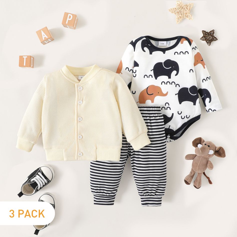 3-Pack Baby Boy Long-sleeve Waffle Cardigan and Allover Elephant Print Romper with Striped Pants Set Blue