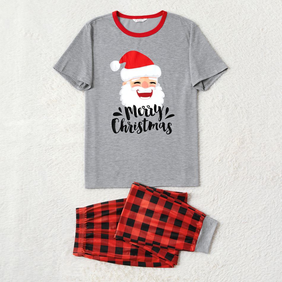 Christmas Family Matching Santa & Letter Print Short-sleeve Red Plaid Pajamas Sets (Flame Resistant) flowergrey big image 2