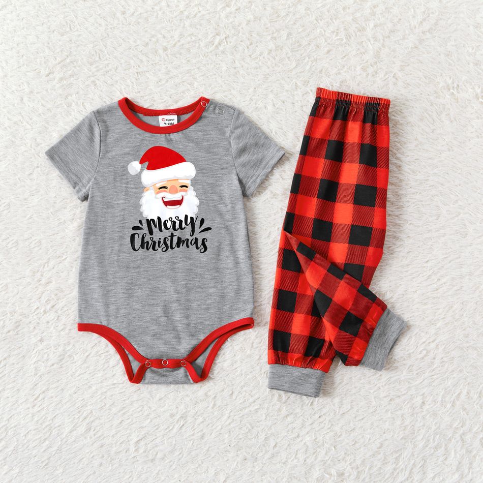 Christmas Family Matching Santa & Letter Print Short-sleeve Red Plaid Pajamas Sets (Flame Resistant) flowergrey big image 9