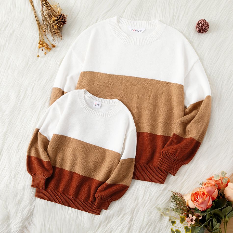 Mommy and Me Colorblock Drop Shoulder Long-sleeve Knitted Sweater CoffeeRed