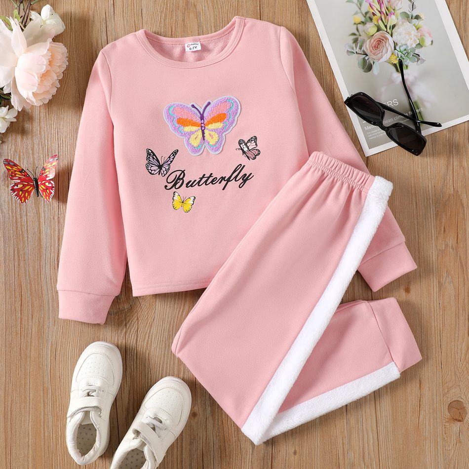 2pcs Kid Girl Butterfly Embroidered Pink Sweatshirt and Fleece Splice Pants Set Pink big image 1