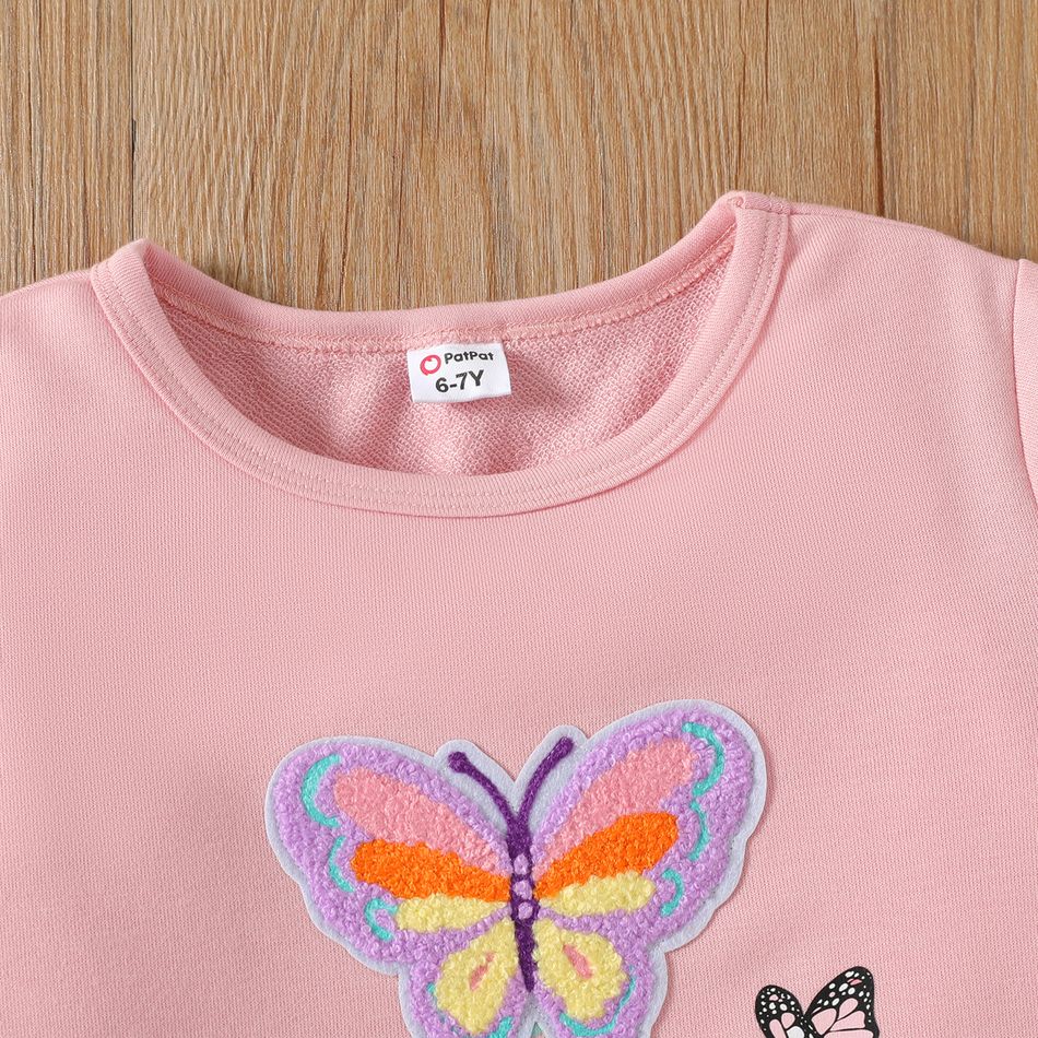 2pcs Kid Girl Butterfly Embroidered Pink Sweatshirt and Fleece Splice Pants Set Pink big image 3