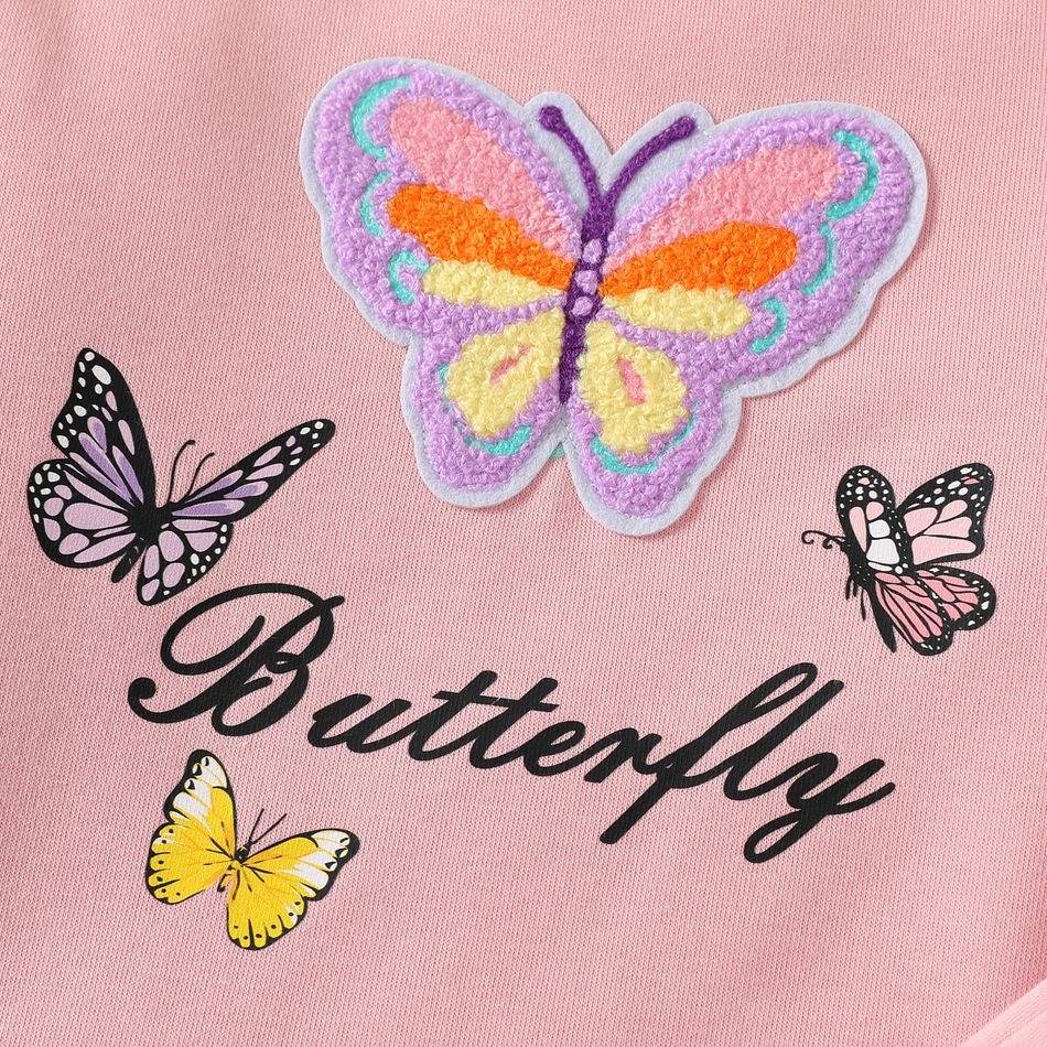 2pcs Kid Girl Butterfly Embroidered Pink Sweatshirt and Fleece Splice Pants Set Pink big image 2