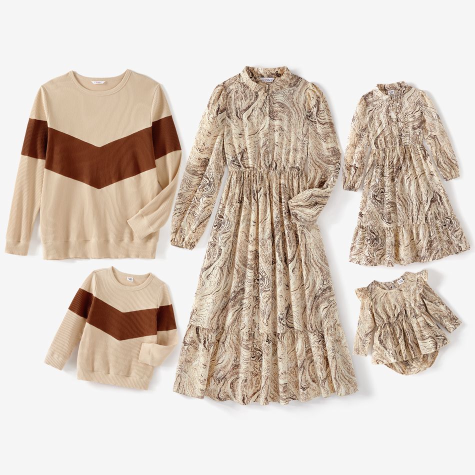 Family Matching Allover Print Mock Neck Long-sleeve Button Front Midi Dresses and Colorblock Rib Knit Tops Sets Apricot big image 1