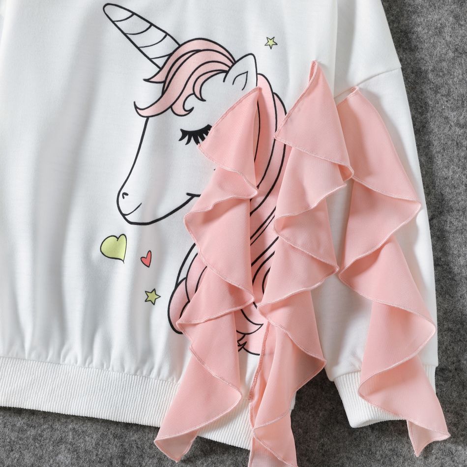 Mommy and Me Unicorn Print Spliced Layered Ruffle Trim Long-sleeve Sweatshirts White big image 3