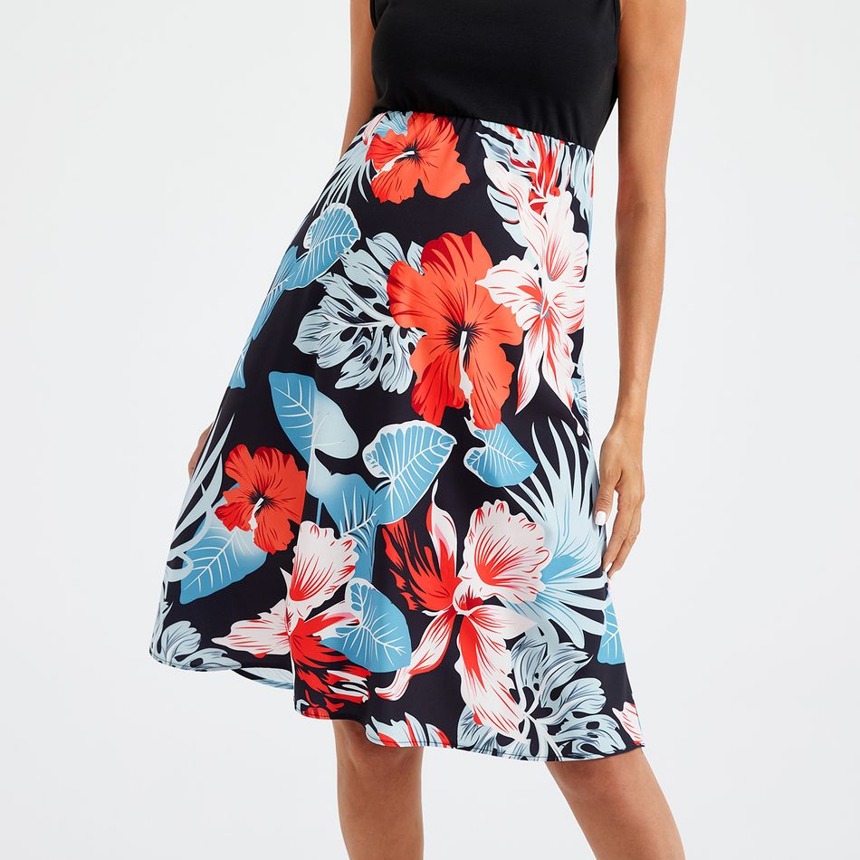 Vestidos para grávidas sem mangas Exterior Elegante Estampado completo Plantas e flores Costuras de tecido Malha e tecido Ponto contrastante Saia até ao meio da perna Preto big image 6