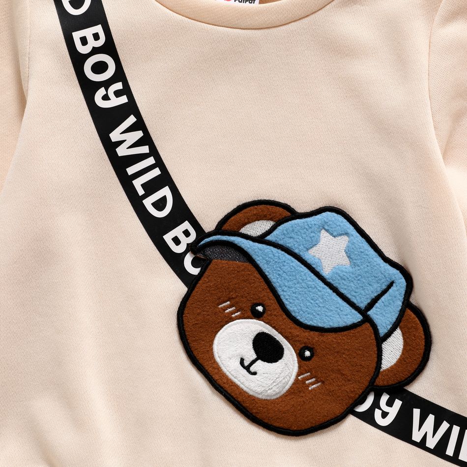 2pcs Toddler Boy Bear Embroidered Sweatshirt and Pocket Design Pants Set Apricot big image 3
