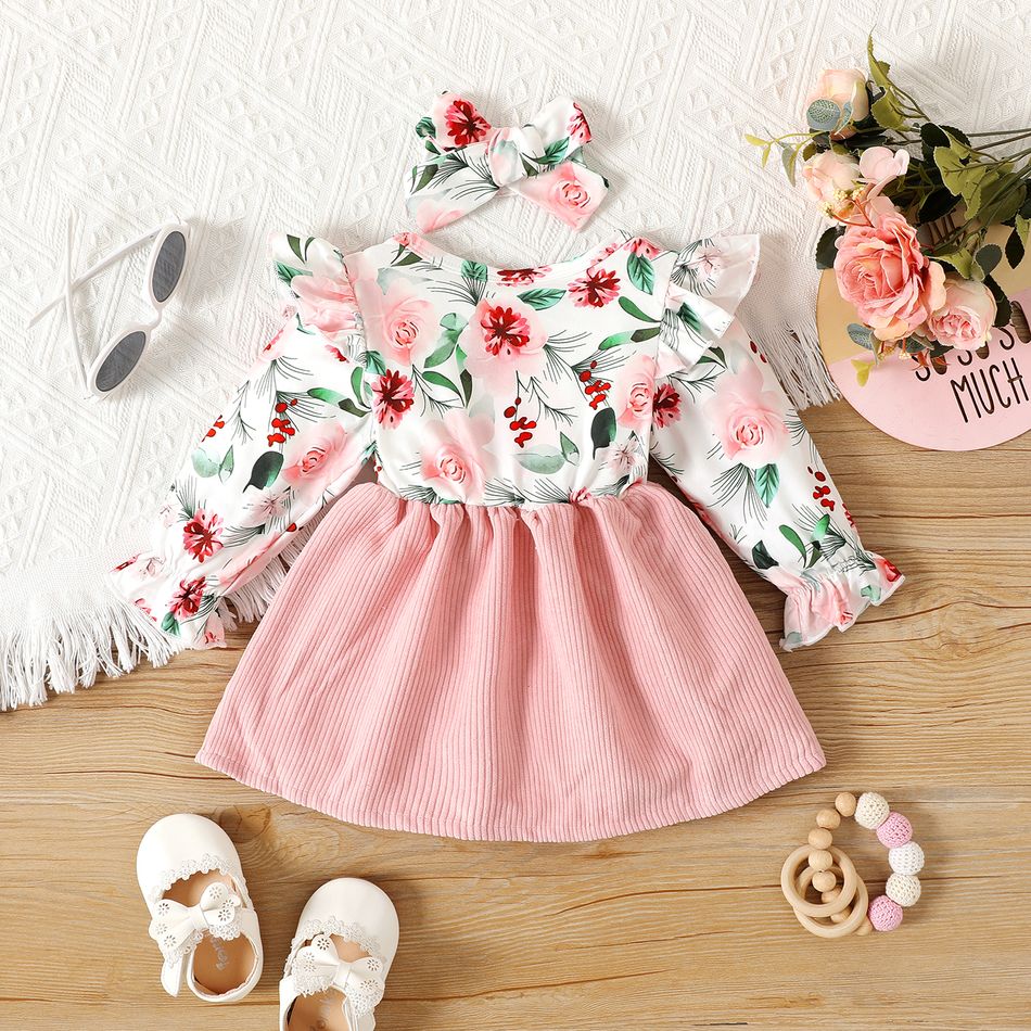 2pcs Baby Girl Ruffle Trim Long-sleeve Floral Print Spliced Corduroy Bow Front Dress with Headband Set Pink big image 2