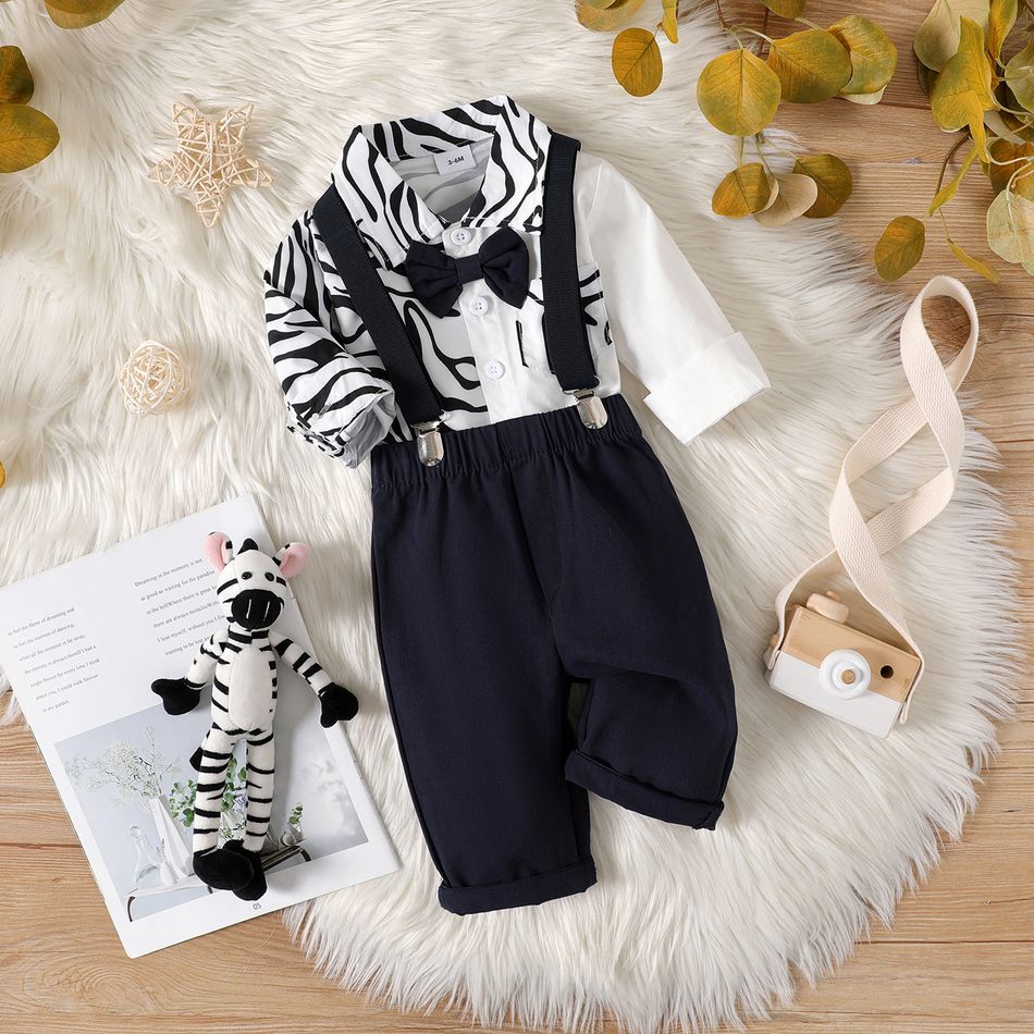 2pcs Baby Boy 100% Cotton Suspender Pants and Zebra Print Long-sleeve Shirt Set White big image 1