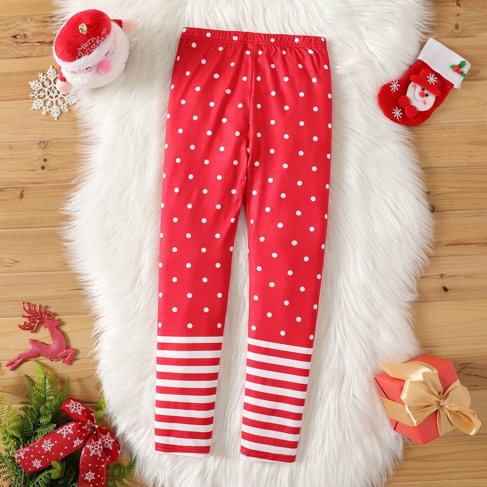 Kid Girl Christmas Fox Print Polka dots Striped Elasticized Leggings Red big image 6