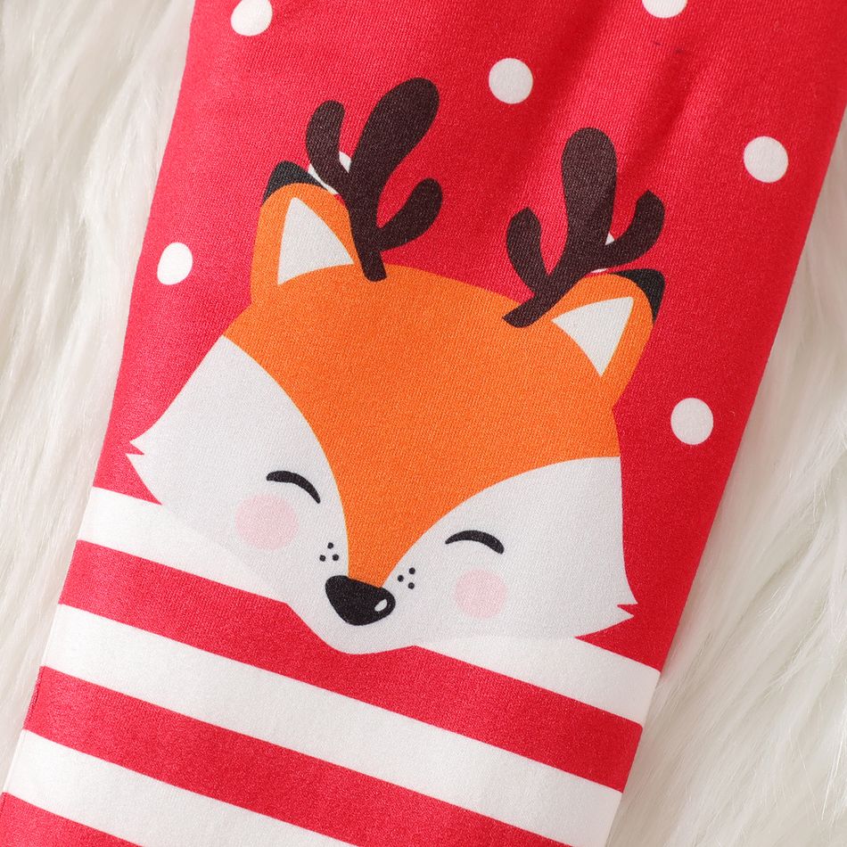 Kid Girl Christmas Fox Print Polka dots Striped Elasticized Leggings Red big image 3